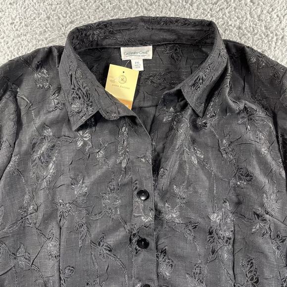 COLDWATER CREEK BLOUSE WOMENS PETITE PXL BLACK FLORAL BUTTON NWT NEW COLLARED - Picture 4 of 8